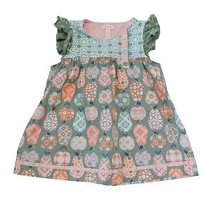 Matilda Jane Girls Dress Size 10 Ruffle Sleeve Green Pink Apple Pear Mixed Print